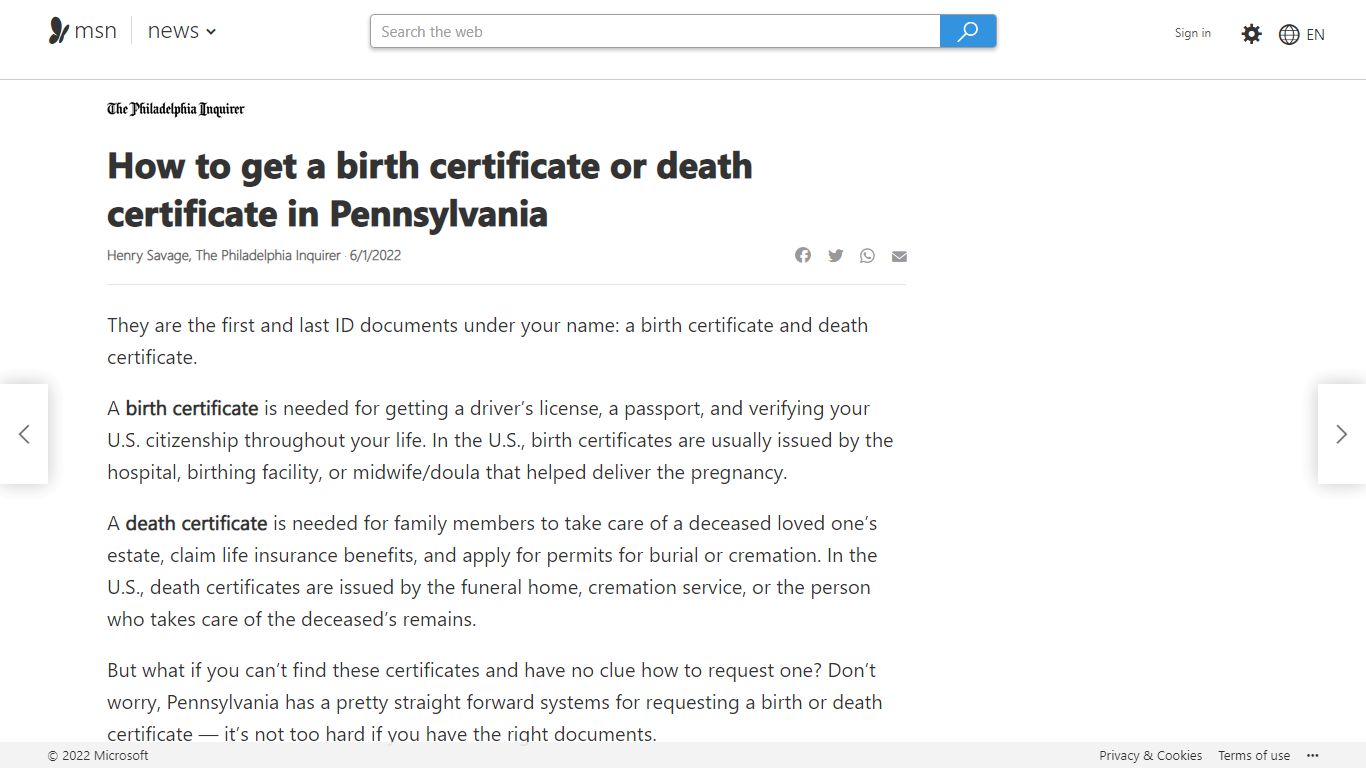 How to get a birth certificate or death certificate in Pennsylvania
